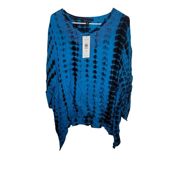 NWT Calessa TURQUOISE Blue/Black TIE DYE Tunic Boho Top 3X SHARKBITE HEM - Picture 1 of 8